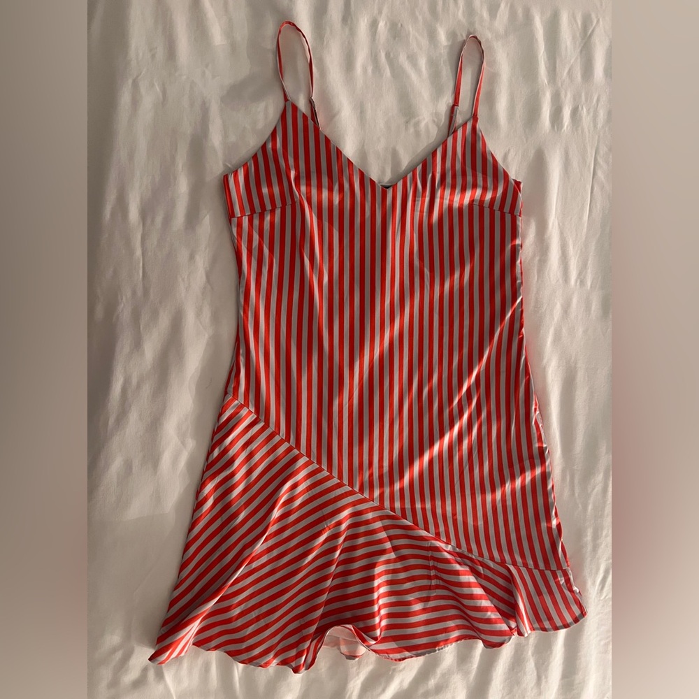 Lea & Viola Vibrant Red and Grey Striped Ruffled Dress